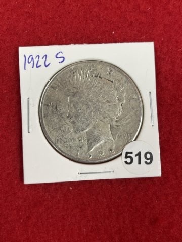 1922 S Peace Silver Dollar Coin: KEY WORDS: INDIAN ARTIFACT ARTIFACTS ARROWHEAD ARROWHEADS NATIVE AMERICAN MISSISSIPPIAN QUAPAW CADDO POTTERY COINS MORGAN DOLLAR PEACE DOLLAR SILVER COINS. All coins have been Sigma tested for authent