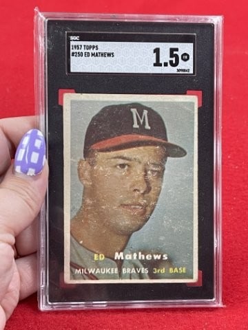 1957 Topps Ed Mathews Baseball Card: KEY WORDS: INDIAN ARTIFACT ARTIFACTS ARROWHEAD ARROWHEADS NATIVE AMERICAN MISSISSIPPIAN QUAPAW CADDO POTTERY COINS MORGAN DOLLAR PEACE DOLLAR SILVER COINS. All coins have been Sigma tested for