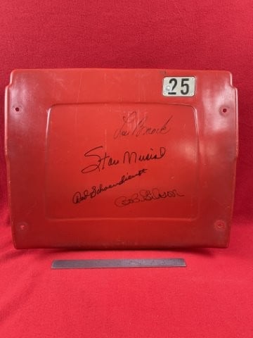 Hand Signed Authentic Autographs of Lou Brock, Stan Musial, Red Shandinx, and Bob Gibson on a Bush: Hand Signed Authentic Autographs of Lou Brock, Stan Musial, Red Shandinx, and Bob Gibson on a Bush Stadium SeatHand Signed Authentic Autographs of Lou Brock, Stan Musial, Red Shandinx, and Bob Gibson