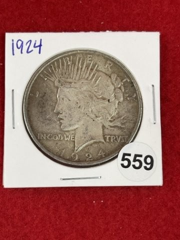 1924 Peace Silver Dollar Coin: KEY WORDS: INDIAN ARTIFACT ARTIFACTS ARROWHEAD ARROWHEADS NATIVE AMERICAN MISSISSIPPIAN QUAPAW CADDO POTTERY COINS MORGAN DOLLAR PEACE DOLLAR SILVER COINS. All coins have been Sigma tested for