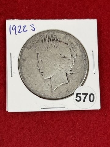 1922 S Peace Silver Dollar Coin: KEY WORDS: INDIAN ARTIFACT ARTIFACTS ARROWHEAD ARROWHEADS NATIVE AMERICAN MISSISSIPPIAN QUAPAW CADDO POTTERY COINS MORGAN DOLLAR PEACE DOLLAR SILVER COINS. All coins have been Sigma tested for