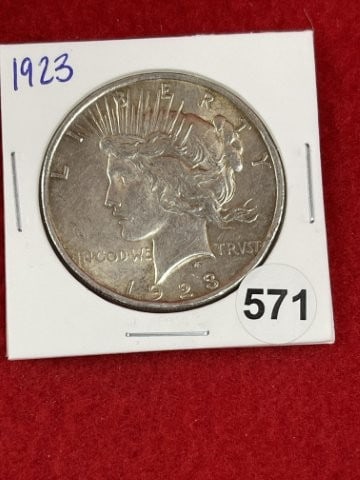 1923 Peace Silver Dollar Coin: KEY WORDS: INDIAN ARTIFACT ARTIFACTS ARROWHEAD ARROWHEADS NATIVE AMERICAN MISSISSIPPIAN QUAPAW CADDO POTTERY COINS MORGAN DOLLAR PEACE DOLLAR SILVER COINS. All coins have been Sigma tested for