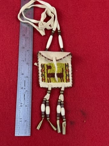Beaded Leather Pouch: KEY WORDS: INDIAN ARTIFACT ARTIFACTS ARROWHEAD ARROWHEADS NATIVE AMERICAN MISSISSIPPIAN QUAPAW CADDO POTTERY COINS MORGAN DOLLAR PEACE DOLLAR SILVER COINS. All coins have been Sigma tested for