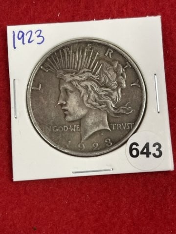1923 Peace Silver Dollar Coin: KEY WORDS: INDIAN ARTIFACT ARTIFACTS ARROWHEAD ARROWHEADS NATIVE AMERICAN MISSISSIPPIAN QUAPAW CADDO POTTERY COINS MORGAN DOLLAR PEACE DOLLAR SILVER COINS. All coins have been Sigma tested for authent