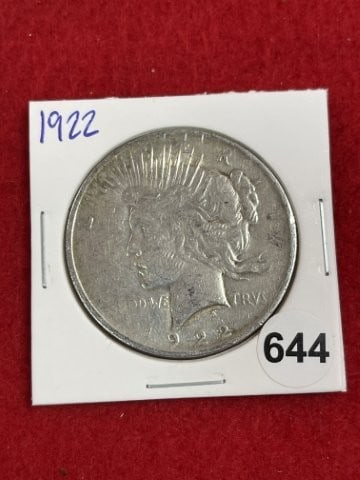 1922 Peace Silver Dollar Coin: KEY WORDS: INDIAN ARTIFACT ARTIFACTS ARROWHEAD ARROWHEADS NATIVE AMERICAN MISSISSIPPIAN QUAPAW CADDO POTTERY COINS MORGAN DOLLAR PEACE DOLLAR SILVER COINS. All coins have been Sigma tested for authent