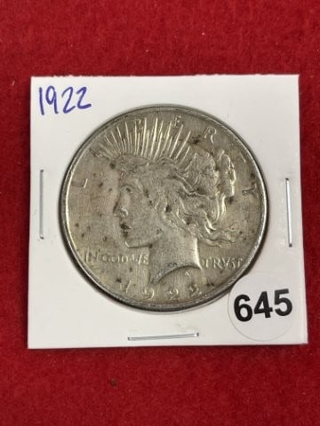 1922 Peace Silver Dollar Coin: KEY WORDS: INDIAN ARTIFACT ARTIFACTS ARROWHEAD ARROWHEADS NATIVE AMERICAN MISSISSIPPIAN QUAPAW CADDO POTTERY COINS MORGAN DOLLAR PEACE DOLLAR SILVER COINS. All coins have been Sigma tested for authent