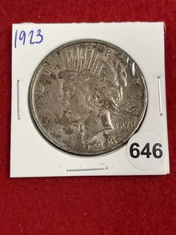 1923 Peace Silver Dollar Coin: KEY WORDS: INDIAN ARTIFACT ARTIFACTS ARROWHEAD ARROWHEADS NATIVE AMERICAN MISSISSIPPIAN QUAPAW CADDO POTTERY COINS MORGAN DOLLAR PEACE DOLLAR SILVER COINS. All coins have been Sigma tested for authent