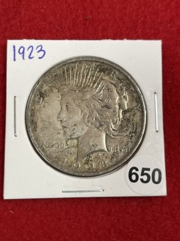1923 Peace Silver Dollar Coin: KEY WORDS: INDIAN ARTIFACT ARTIFACTS ARROWHEAD ARROWHEADS NATIVE AMERICAN MISSISSIPPIAN QUAPAW CADDO POTTERY COINS MORGAN DOLLAR PEACE DOLLAR SILVER COINS. All coins have been Sigma tested for authent