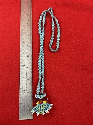 Beaded Necklace: KEY WORDS: INDIAN ARTIFACT ARTIFACTS ARROWHEAD ARROWHEADS NATIVE AMERICAN MISSISSIPPIAN QUAPAW CADDO POTTERY COINS MORGAN DOLLAR PEACE DOLLAR SILVER COINS. All coins have been Sigma tested for