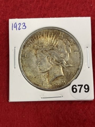 1923 Peace Silver Dollar Coin: KEY WORDS: INDIAN ARTIFACT ARTIFACTS ARROWHEAD ARROWHEADS NATIVE AMERICAN MISSISSIPPIAN QUAPAW CADDO POTTERY COINS MORGAN DOLLAR PEACE DOLLAR SILVER COINS. All coins have been Sigma tested for
