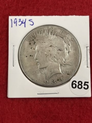 1934 S Peace Silver Dollar Coin: KEY WORDS: INDIAN ARTIFACT ARTIFACTS ARROWHEAD ARROWHEADS NATIVE AMERICAN MISSISSIPPIAN QUAPAW CADDO POTTERY COINS MORGAN DOLLAR PEACE DOLLAR SILVER COINS. All coins have been Sigma tested for