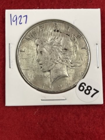 Rare 1927 Peace Silver Dollar Coin: KEY WORDS: INDIAN ARTIFACT ARTIFACTS ARROWHEAD ARROWHEADS NATIVE AMERICAN MISSISSIPPIAN QUAPAW CADDO POTTERY COINS MORGAN DOLLAR PEACE DOLLAR SILVER COINS. All coins have been Sigma tested for authent