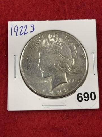 1922 S Peace Silver Dollar Coin: KEY WORDS: INDIAN ARTIFACT ARTIFACTS ARROWHEAD ARROWHEADS NATIVE AMERICAN MISSISSIPPIAN QUAPAW CADDO POTTERY COINS MORGAN DOLLAR PEACE DOLLAR SILVER COINS. All coins have been Sigma tested for