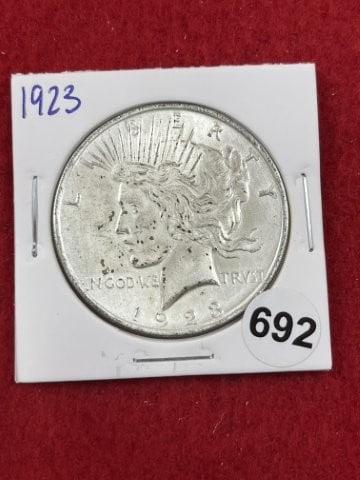 1923 Peace Silver Dollar Coin: KEY WORDS: INDIAN ARTIFACT ARTIFACTS ARROWHEAD ARROWHEADS NATIVE AMERICAN MISSISSIPPIAN QUAPAW CADDO POTTERY COINS MORGAN DOLLAR PEACE DOLLAR SILVER COINS. All coins have been Sigma tested for