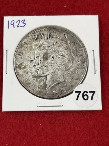 1923 Peace Silver Dollar Coin: KEY WORDS: INDIAN ARTIFACT ARTIFACTS ARROWHEAD ARROWHEADS NATIVE AMERICAN MISSISSIPPIAN QUAPAW CADDO POTTERY COINS MORGAN DOLLAR PEACE DOLLAR SILVER COINS. All coins have been Sigma tested for