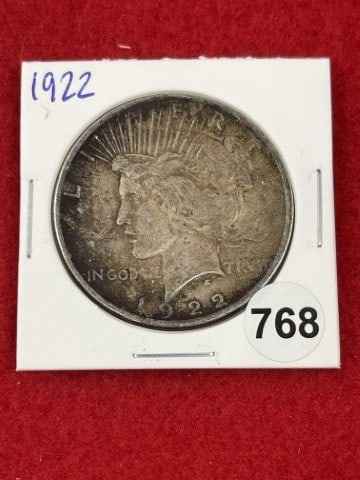 1922 Peace Silver Dollar Coin: KEY WORDS: INDIAN ARTIFACT ARTIFACTS ARROWHEAD ARROWHEADS NATIVE AMERICAN MISSISSIPPIAN QUAPAW CADDO POTTERY COINS MORGAN DOLLAR PEACE DOLLAR SILVER COINS. All coins have been Sigma tested for