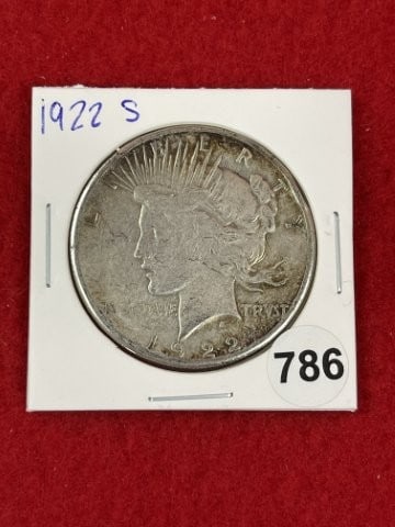 1922 S Peace Silver Dollar Coin: KEY WORDS: INDIAN ARTIFACT ARTIFACTS ARROWHEAD ARROWHEADS NATIVE AMERICAN MISSISSIPPIAN QUAPAW CADDO POTTERY COINS MORGAN DOLLAR PEACE DOLLAR SILVER COINS. All coins have been Sigma tested for