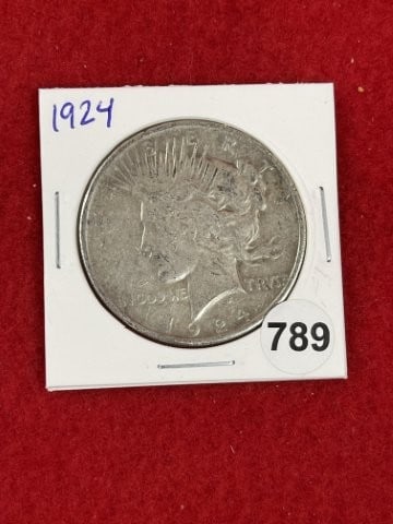 1924 Peace Silver Dollar Coin: KEY WORDS: INDIAN ARTIFACT ARTIFACTS ARROWHEAD ARROWHEADS NATIVE AMERICAN MISSISSIPPIAN QUAPAW CADDO POTTERY COINS MORGAN DOLLAR PEACE DOLLAR SILVER COINS. All coins have been Sigma tested for
