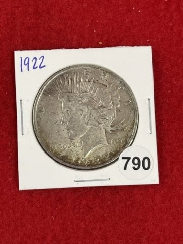 1922 Peace Silver Dollar Coin: KEY WORDS: INDIAN ARTIFACT ARTIFACTS ARROWHEAD ARROWHEADS NATIVE AMERICAN MISSISSIPPIAN QUAPAW CADDO POTTERY COINS MORGAN DOLLAR PEACE DOLLAR SILVER COINS. All coins have been Sigma tested for
