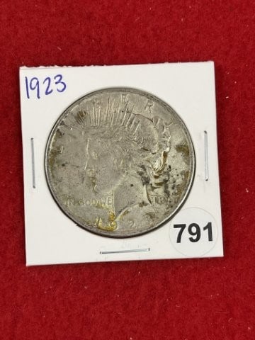 1923 Peace Silver Dollar Coin: KEY WORDS: INDIAN ARTIFACT ARTIFACTS ARROWHEAD ARROWHEADS NATIVE AMERICAN MISSISSIPPIAN QUAPAW CADDO POTTERY COINS MORGAN DOLLAR PEACE DOLLAR SILVER COINS. All coins have been Sigma tested for