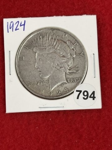 1924 Peace Silver Dollar Coin: KEY WORDS: INDIAN ARTIFACT ARTIFACTS ARROWHEAD ARROWHEADS NATIVE AMERICAN MISSISSIPPIAN QUAPAW CADDO POTTERY COINS MORGAN DOLLAR PEACE DOLLAR SILVER COINS. All coins have been Sigma tested for authent