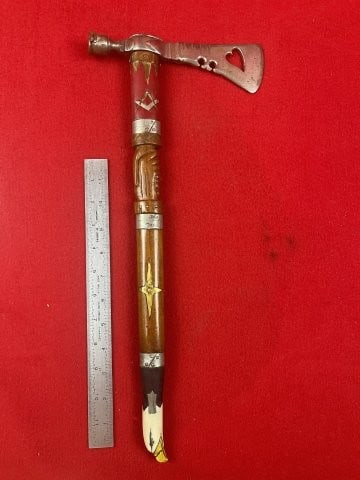 Very Ornate Trade Pipe Axe with Mason Symbol and engraved Bird Handle Indian Artifact Arrowhead: Very Ornate Trade Pipe Axe with Mason Symbol and engraved Bird Handle Indian Artifact Arrowhead