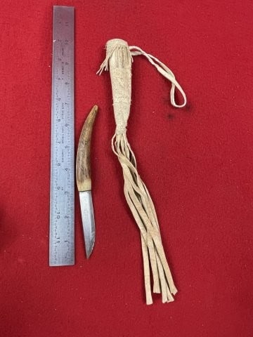 Small Bone Handle Dagger with Leather Sheath Indian Artifact Arrowhead: KEY WORDS: INDIAN ARTIFACT ARTIFACTS ARROWHEAD ARROWHEADS NATIVE AMERICAN MISSISSIPPIAN QUAPAW CADDO POTTERY COINS MORGAN DOLLAR PEACE DOLLAR SILVER COINS. All coins have been Sigma tested for