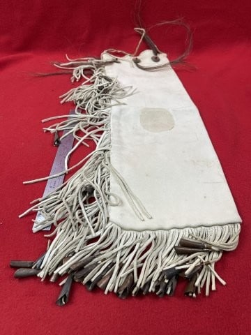 Leather & Fringe Bag with Tassels Indian Artifact Arrowhead: KEY WORDS: INDIAN ARTIFACT ARTIFACTS ARROWHEAD ARROWHEADS NATIVE AMERICAN MISSISSIPPIAN QUAPAW CADDO POTTERY COINS MORGAN DOLLAR PEACE DOLLAR SILVER COINS. All coins have been Sigma tested for