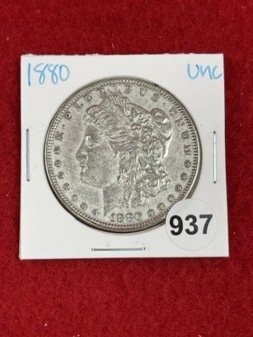 1880 UNC Morgan Silver Dollar Coin: KEY WORDS: INDIAN ARTIFACT ARTIFACTS ARROWHEAD ARROWHEADS NATIVE AMERICAN MISSISSIPPIAN QUAPAW CADDO POTTERY COINS MORGAN DOLLAR PEACE DOLLAR SILVER COINS. All coins have been Sigma tested for authent