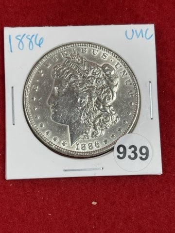 1886 UNC Morgan Silver Dollar Coin: KEY WORDS: INDIAN ARTIFACT ARTIFACTS ARROWHEAD ARROWHEADS NATIVE AMERICAN MISSISSIPPIAN QUAPAW CADDO POTTERY COINS MORGAN DOLLAR PEACE DOLLAR SILVER COINS. All coins have been Sigma tested for authent