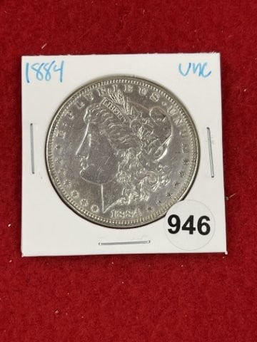 1884 UNC Morgan Silver Dollar Coin: KEY WORDS: INDIAN ARTIFACT ARTIFACTS ARROWHEAD ARROWHEADS NATIVE AMERICAN MISSISSIPPIAN QUAPAW CADDO POTTERY COINS MORGAN DOLLAR PEACE DOLLAR SILVER COINS. All coins have been Sigma tested for authent