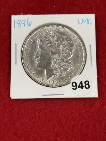1896 UNC Morgan Silver Dollar Coin: KEY WORDS: INDIAN ARTIFACT ARTIFACTS ARROWHEAD ARROWHEADS NATIVE AMERICAN MISSISSIPPIAN QUAPAW CADDO POTTERY COINS MORGAN DOLLAR PEACE DOLLAR SILVER COINS. All coins have been Sigma tested for authent