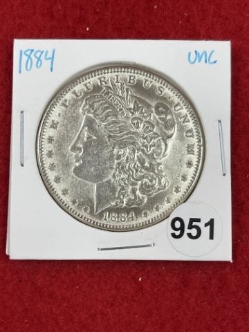 1884 UNC Morgan Silver Dollar Coin: KEY WORDS: INDIAN ARTIFACT ARTIFACTS ARROWHEAD ARROWHEADS NATIVE AMERICAN MISSISSIPPIAN QUAPAW CADDO POTTERY COINS MORGAN DOLLAR PEACE DOLLAR SILVER COINS. All coins have been Sigma tested for authent