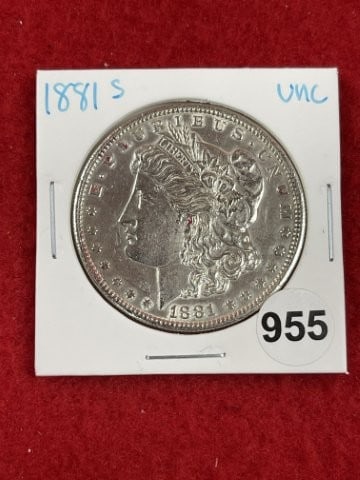 1881 S UNC Morgan Silver Dollar Coin: KEY WORDS: INDIAN ARTIFACT ARTIFACTS ARROWHEAD ARROWHEADS NATIVE AMERICAN MISSISSIPPIAN QUAPAW CADDO POTTERY COINS MORGAN DOLLAR PEACE DOLLAR SILVER COINS. All coins have been Sigma tested for authent