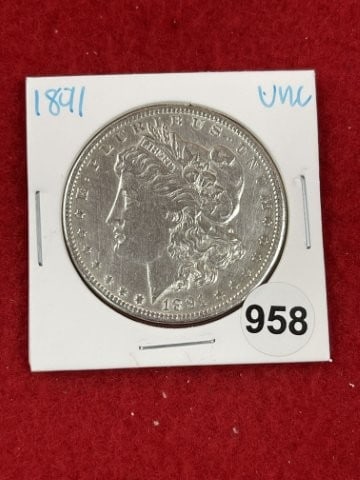 1891 UNC Morgan Silver Dollar Coin: KEY WORDS: INDIAN ARTIFACT ARTIFACTS ARROWHEAD ARROWHEADS NATIVE AMERICAN MISSISSIPPIAN QUAPAW CADDO POTTERY COINS MORGAN DOLLAR PEACE DOLLAR SILVER COINS. All coins have been Sigma tested for authent