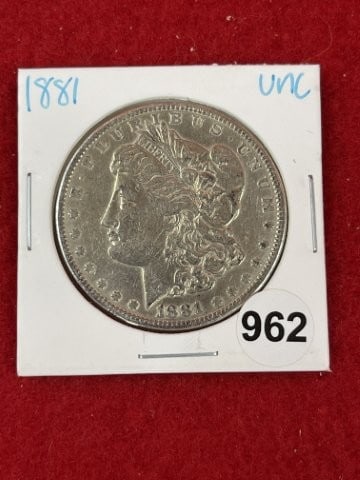 1881 UNC Morgan Silver Dollar Coin: KEY WORDS: INDIAN ARTIFACT ARTIFACTS ARROWHEAD ARROWHEADS NATIVE AMERICAN MISSISSIPPIAN QUAPAW CADDO POTTERY COINS MORGAN DOLLAR PEACE DOLLAR SILVER COINS. All coins have been Sigma tested for authent