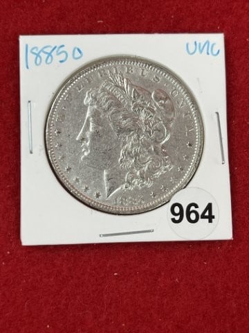 1885 O UNC Morgan Silver Dollar Coin: KEY WORDS: INDIAN ARTIFACT ARTIFACTS ARROWHEAD ARROWHEADS NATIVE AMERICAN MISSISSIPPIAN QUAPAW CADDO POTTERY COINS MORGAN DOLLAR PEACE DOLLAR SILVER COINS. All coins have been Sigma tested for authent
