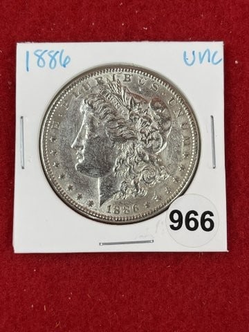 1886 UNC Morgan Silver Dollar Coin: KEY WORDS: INDIAN ARTIFACT ARTIFACTS ARROWHEAD ARROWHEADS NATIVE AMERICAN MISSISSIPPIAN QUAPAW CADDO POTTERY COINS MORGAN DOLLAR PEACE DOLLAR SILVER COINS. All coins have been Sigma tested for authent