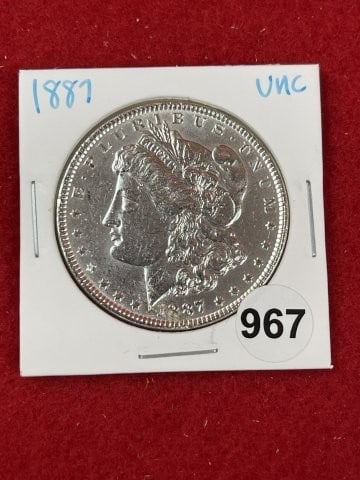 1887 UNC Morgan Silver Dollar Coin: KEY WORDS: INDIAN ARTIFACT ARTIFACTS ARROWHEAD ARROWHEADS NATIVE AMERICAN MISSISSIPPIAN QUAPAW CADDO POTTERY COINS MORGAN DOLLAR PEACE DOLLAR SILVER COINS. All coins have been Sigma tested for authent