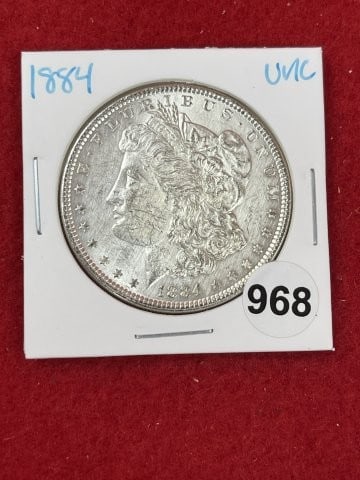 1884 UNC Morgan Silver Dollar Coin: KEY WORDS: INDIAN ARTIFACT ARTIFACTS ARROWHEAD ARROWHEADS NATIVE AMERICAN MISSISSIPPIAN QUAPAW CADDO POTTERY COINS MORGAN DOLLAR PEACE DOLLAR SILVER COINS. All coins have been Sigma tested for authent