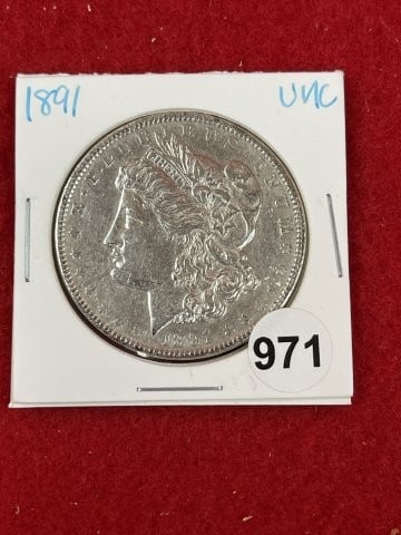 1891 UNC Morgan Silver Dollar Coin: KEY WORDS: INDIAN ARTIFACT ARTIFACTS ARROWHEAD ARROWHEADS NATIVE AMERICAN MISSISSIPPIAN QUAPAW CADDO POTTERY COINS MORGAN DOLLAR PEACE DOLLAR SILVER COINS. All coins have been Sigma tested for authent