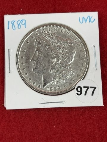 1889 UNC Morgan Silver Dollar Coin: KEY WORDS: INDIAN ARTIFACT ARTIFACTS ARROWHEAD ARROWHEADS NATIVE AMERICAN MISSISSIPPIAN QUAPAW CADDO POTTERY COINS MORGAN DOLLAR PEACE DOLLAR SILVER COINS. All coins have been Sigma tested for authent