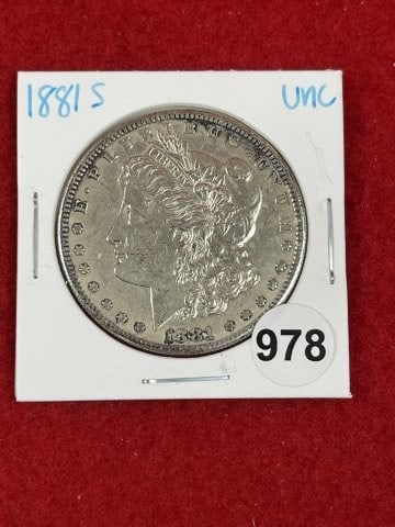 1881 S UNC Morgan Silver Dollar Coin: KEY WORDS: INDIAN ARTIFACT ARTIFACTS ARROWHEAD ARROWHEADS NATIVE AMERICAN MISSISSIPPIAN QUAPAW CADDO POTTERY COINS MORGAN DOLLAR PEACE DOLLAR SILVER COINS. All coins have been Sigma tested for authent