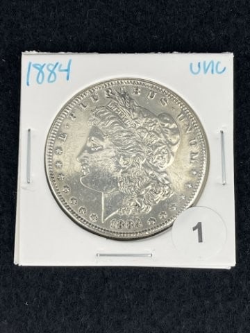 1884 UNC Morgan Silver Dollar Coin: KEY WORDS: INDIAN ARTIFACT ARTIFACTS ARROWHEAD ARROWHEADS NATIVE AMERICAN MISSISSIPPIAN QUAPAW CADDO POTTERY COINS MORGAN DOLLAR PEACE DOLLAR SILVER COINS. All coins have been Sigma tested for authent