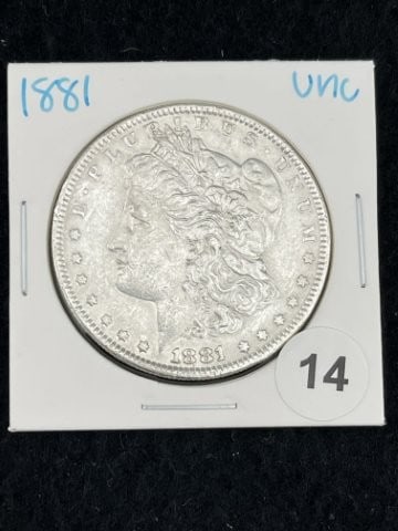 1881 UNC Morgan Silver Dollar Coin: KEY WORDS: INDIAN ARTIFACT ARTIFACTS ARROWHEAD ARROWHEADS NATIVE AMERICAN MISSISSIPPIAN QUAPAW CADDO POTTERY COINS MORGAN DOLLAR PEACE DOLLAR SILVER COINS. All coins have been Sigma tested for authent