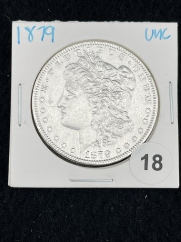 1879 UNC Morgan Silver Dollar Coin: KEY WORDS: INDIAN ARTIFACT ARTIFACTS ARROWHEAD ARROWHEADS NATIVE AMERICAN MISSISSIPPIAN QUAPAW CADDO POTTERY COINS MORGAN DOLLAR PEACE DOLLAR SILVER COINS. All coins have been Sigma tested for authent