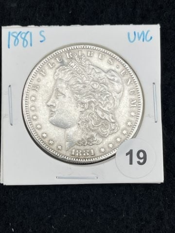1881 S UNC Morgan Silver Dollar Coin: KEY WORDS: INDIAN ARTIFACT ARTIFACTS ARROWHEAD ARROWHEADS NATIVE AMERICAN MISSISSIPPIAN QUAPAW CADDO POTTERY COINS MORGAN DOLLAR PEACE DOLLAR SILVER COINS. All coins have been Sigma tested for authent