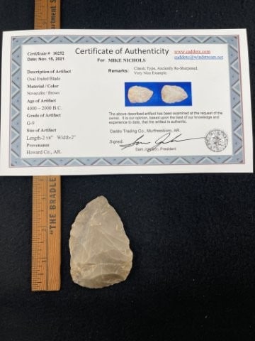 Oval Ended Blade with Sam Johnson COA from Howard County, AR Indian Artifact Arrowhead (1 of 6)