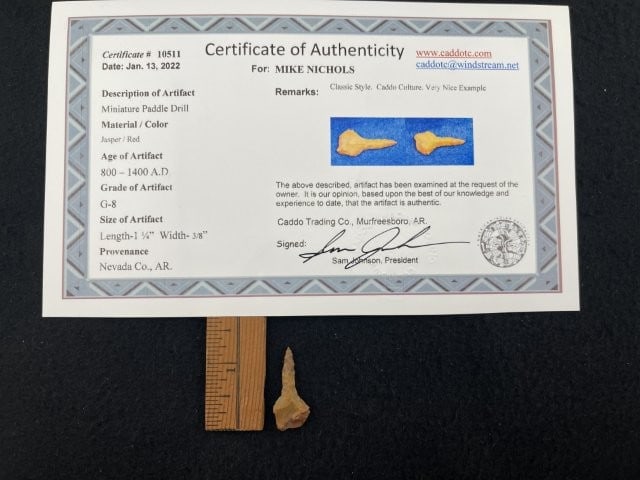 Miniature Paddle Drill with Sam Johnson COA from Nevada County, AR Indian Artifact Arrowhead: KEY WORDS: INDIAN ARTIFACT ARTIFACTS ARROWHEAD ARROWHEADS NATIVE AMERICAN MISSISSIPPIAN QUAPAW CADDO POTTERY COINS MORGAN DOLLAR PEACE DOLLAR SILVER COINS. All coins have been Sigma tested for authent