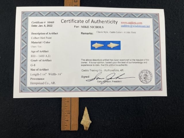 Colbert Bird Point with Sam Johnson COA from Hempstead County, AR Indian Artifact Arrowhead: KEY WORDS: INDIAN ARTIFACT ARTIFACTS ARROWHEAD ARROWHEADS NATIVE AMERICAN MISSISSIPPIAN QUAPAW CADDO POTTERY COINS MORGAN DOLLAR PEACE DOLLAR SILVER COINS. All coins have been Sigma tested for authent
